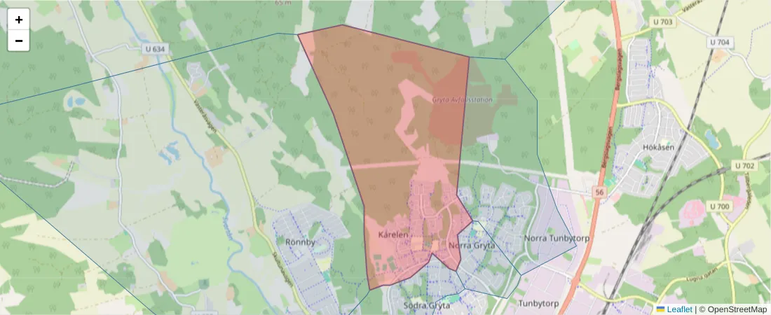 Karta över postnummerområdet  och angränsande postnummer i Sverige