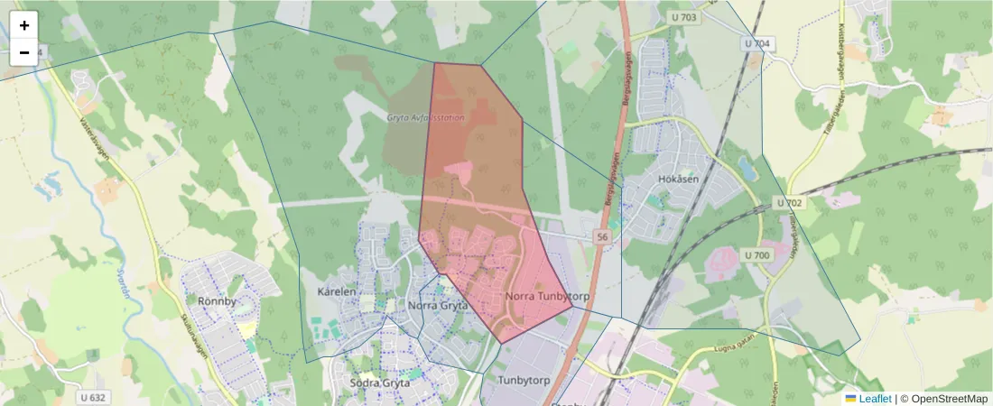 Karta över postnummerområdet  och angränsande postnummer i Sverige