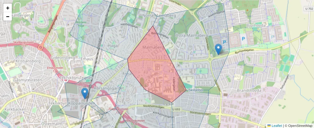 Karta över postnummerområdet  och angränsande postnummer i Sverige