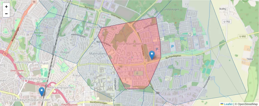 Karta över postnummerområdet  och angränsande postnummer i Sverige