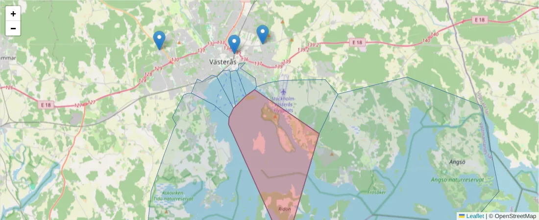 Karta över postnummerområdet  och angränsande postnummer i Sverige