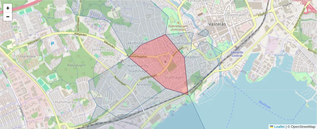 Karta över postnummerområdet  och angränsande postnummer i Sverige