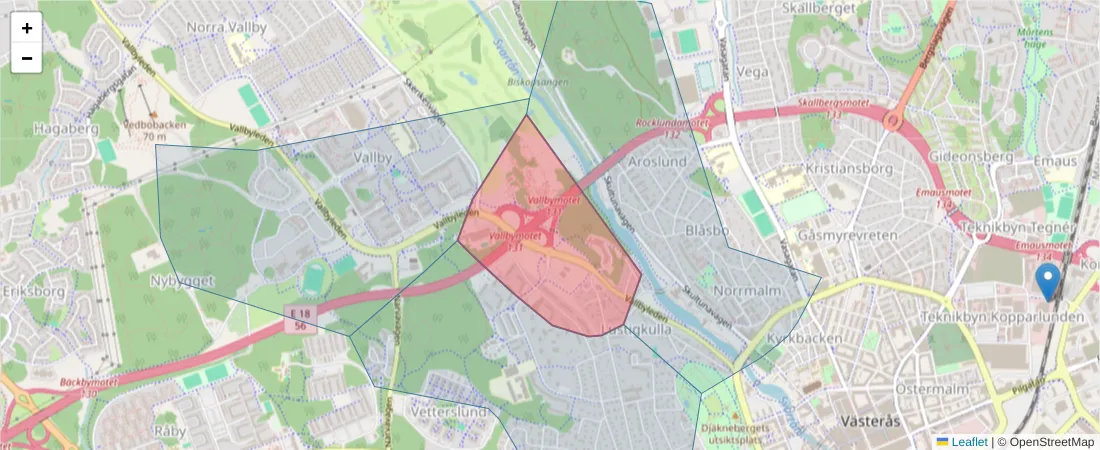 Karta över postnummerområdet  och angränsande postnummer i Sverige