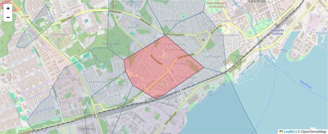 Karta över postnummerområdet  och angränsande postnummer i Sverige