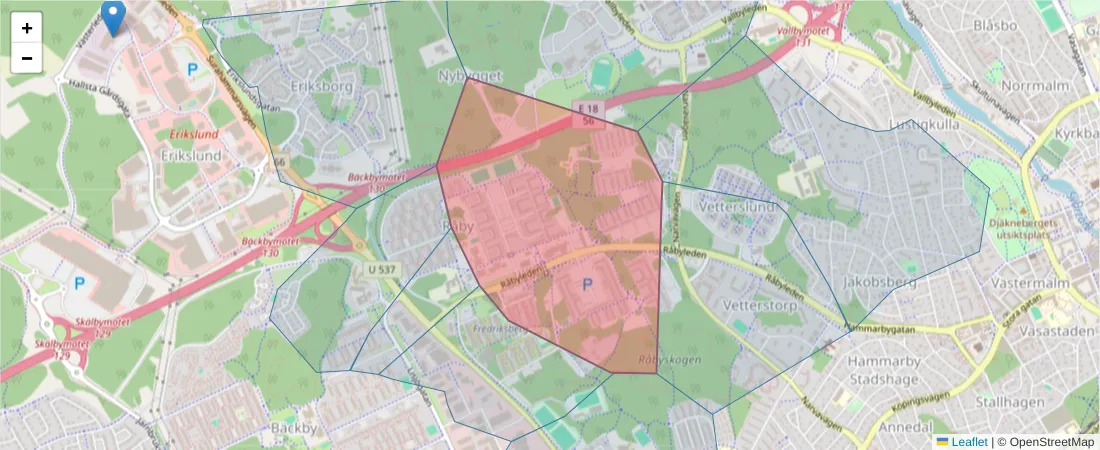 Karta över postnummerområdet  och angränsande postnummer i Sverige