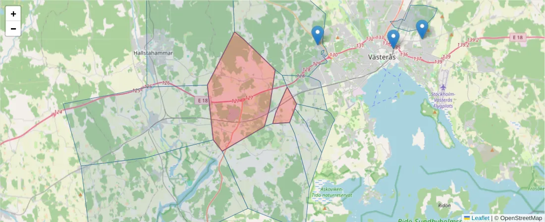Karta över postnummerområdet  och angränsande postnummer i Sverige