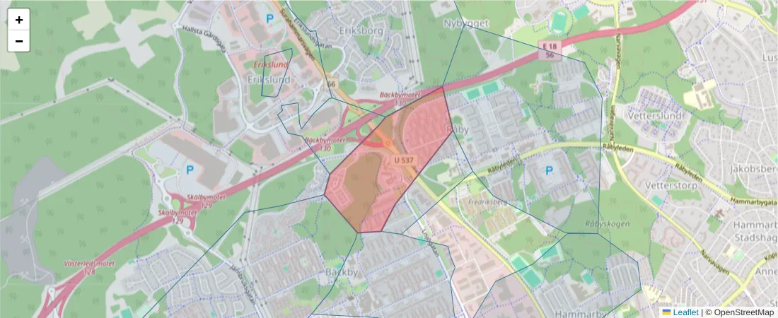 Karta över postnummerområdet  och angränsande postnummer i Sverige