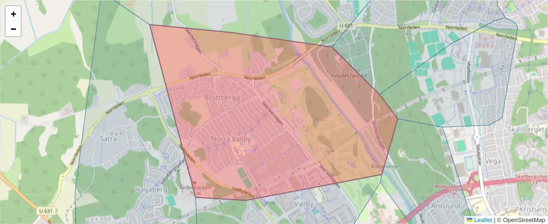 Karta över postnummerområdet  och angränsande postnummer i Sverige