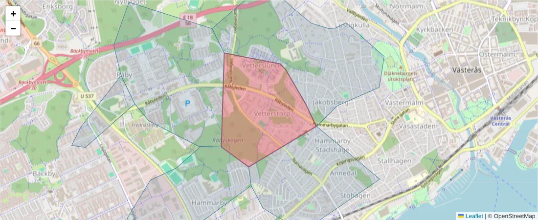 Karta över postnummerområdet  och angränsande postnummer i Sverige