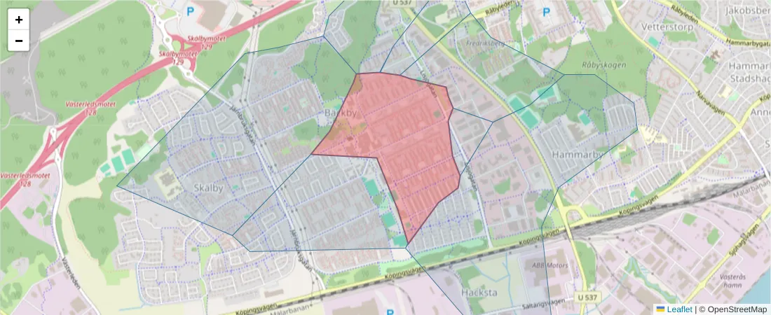 Karta över postnummerområdet  och angränsande postnummer i Sverige