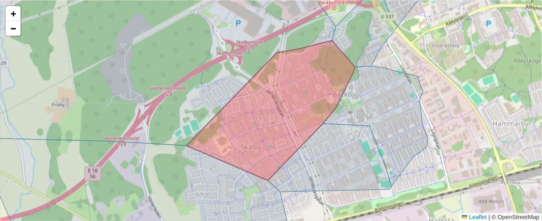 Karta över postnummerområdet  och angränsande postnummer i Sverige