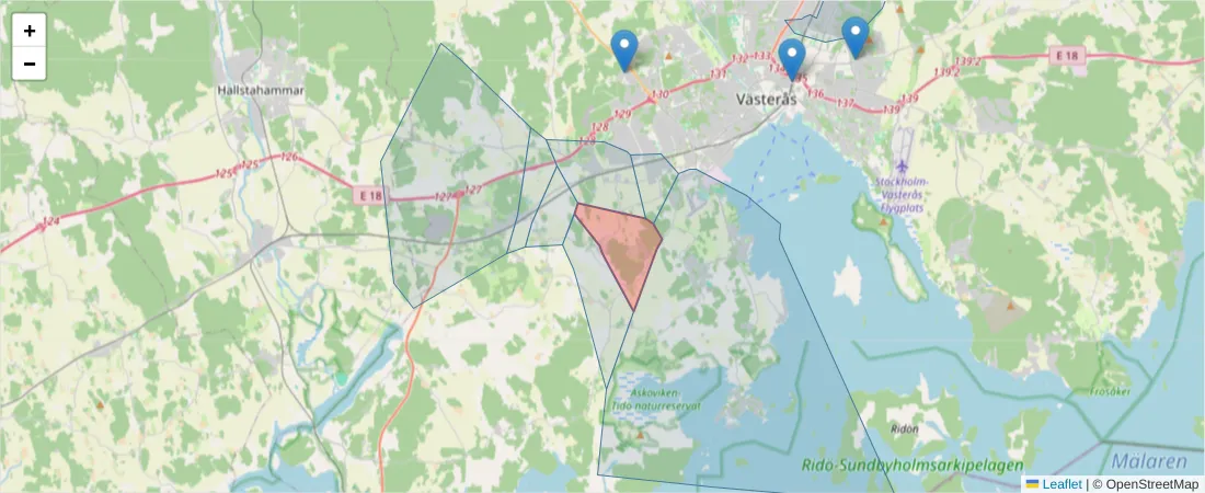 Karta över postnummerområdet  och angränsande postnummer i Sverige