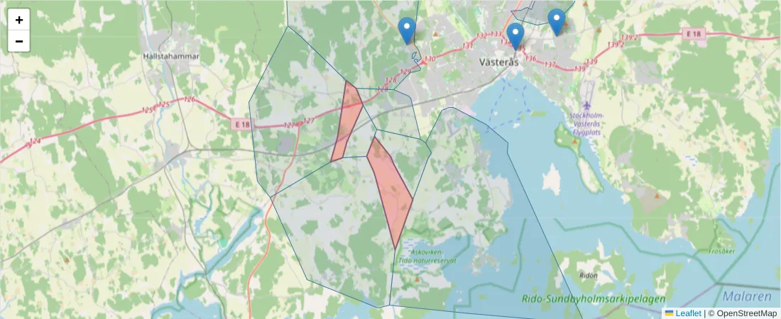 Karta över postnummerområdet  och angränsande postnummer i Sverige