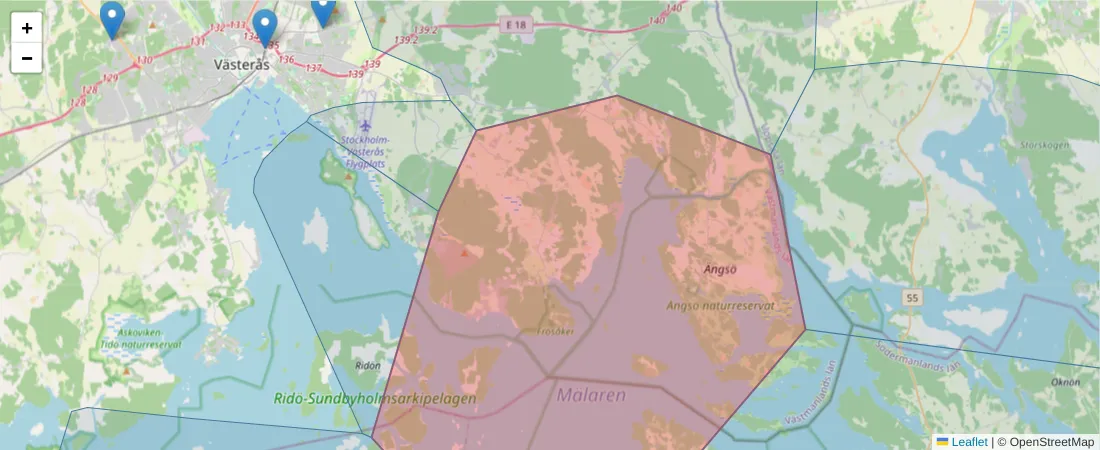 Karta över postnummerområdet  och angränsande postnummer i Sverige