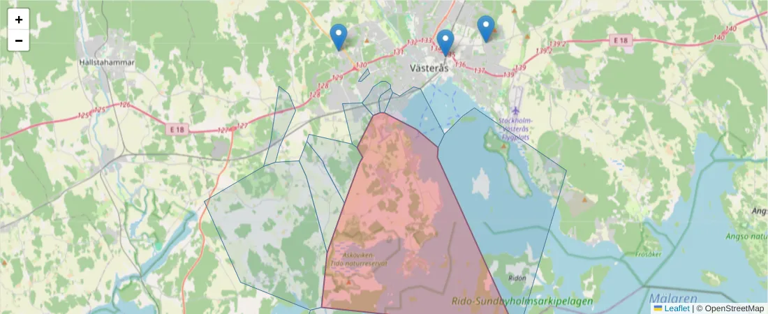 Karta över postnummerområdet  och angränsande postnummer i Sverige