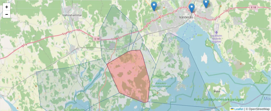 Karta över postnummerområdet  och angränsande postnummer i Sverige