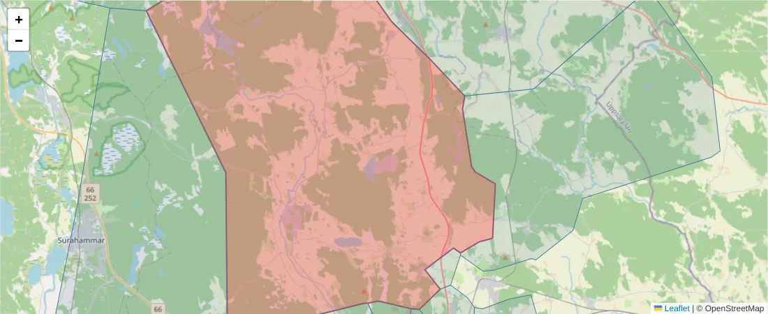Karta över postnummerområdet  och angränsande postnummer i Sverige