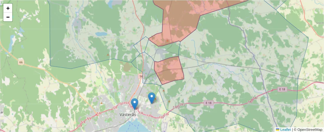 Karta över postnummerområdet  och angränsande postnummer i Sverige