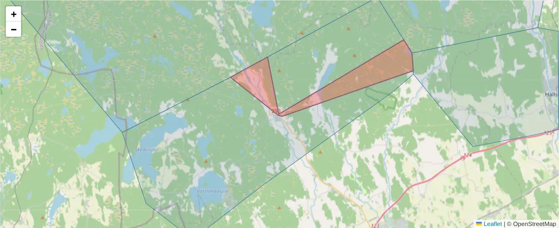 Karta över postnummerområdet  och angränsande postnummer i Sverige