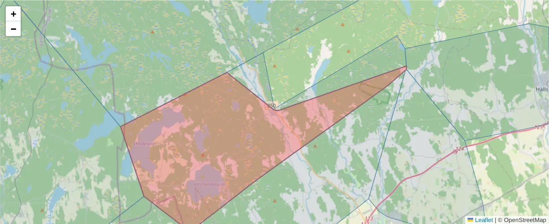 Karta över postnummerområdet  och angränsande postnummer i Sverige