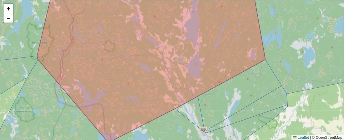 Karta över postnummerområdet  och angränsande postnummer i Sverige