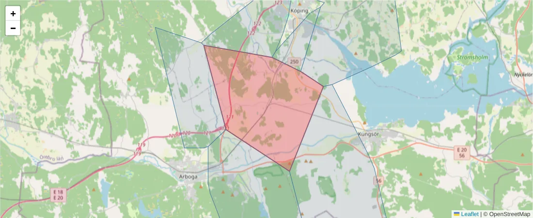 Karta över postnummerområdet  och angränsande postnummer i Sverige