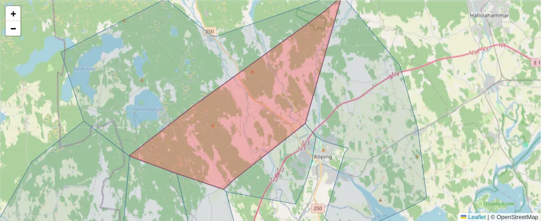 Karta över postnummerområdet  och angränsande postnummer i Sverige