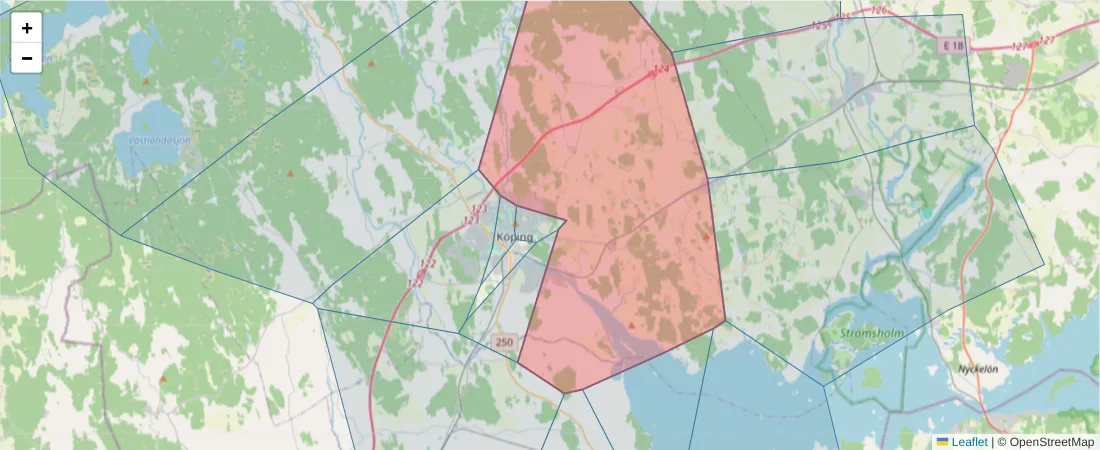 Karta över postnummerområdet  och angränsande postnummer i Sverige
