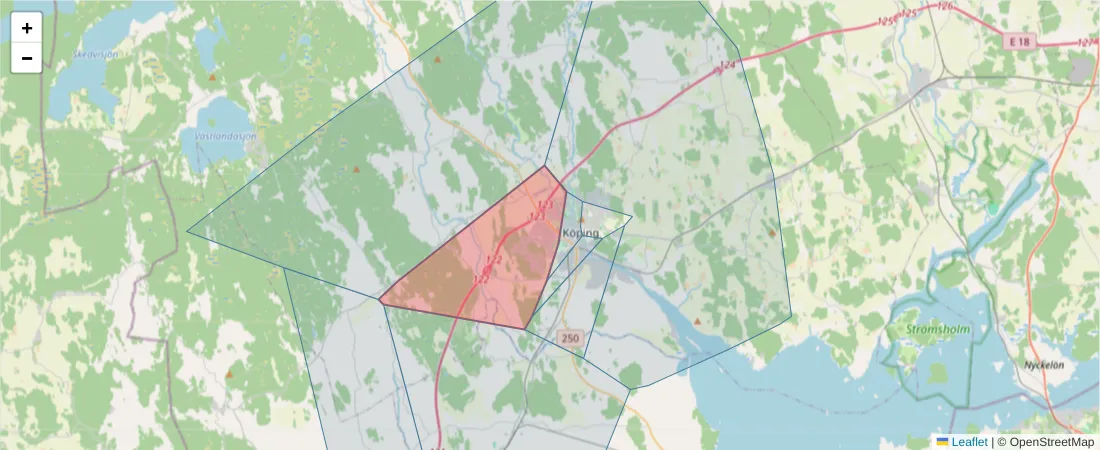 Karta över postnummerområdet  och angränsande postnummer i Sverige