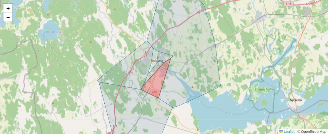 Karta över postnummerområdet  och angränsande postnummer i Sverige