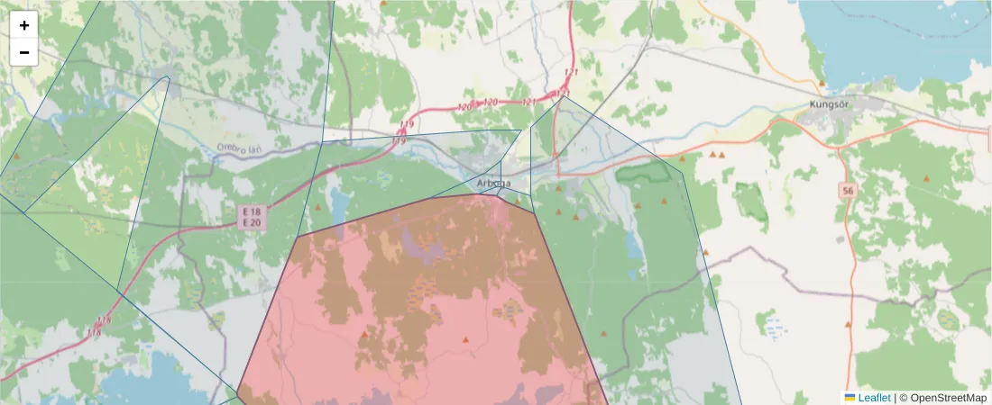 Karta över postnummerområdet  och angränsande postnummer i Sverige