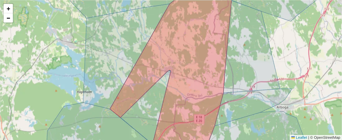 Karta över postnummerområdet  och angränsande postnummer i Sverige