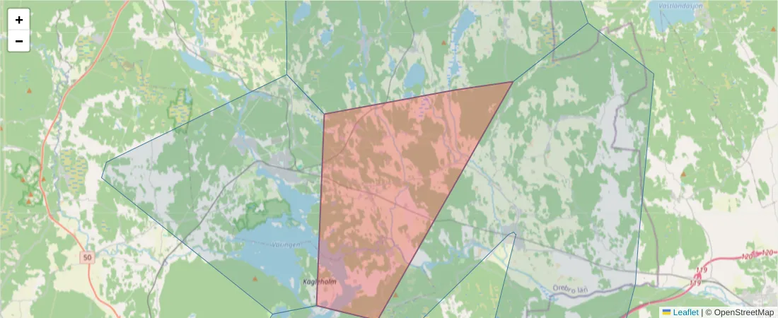 Karta över postnummerområdet  och angränsande postnummer i Sverige