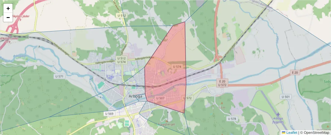 Karta över postnummerområdet  och angränsande postnummer i Sverige