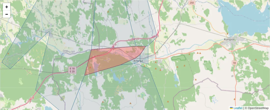 Karta över postnummerområdet  och angränsande postnummer i Sverige
