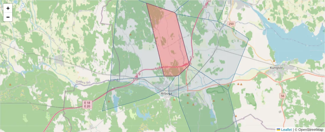 Karta över postnummerområdet  och angränsande postnummer i Sverige