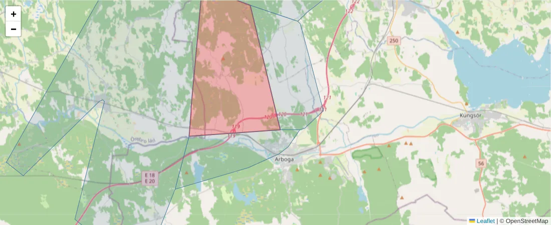 Karta över postnummerområdet  och angränsande postnummer i Sverige
