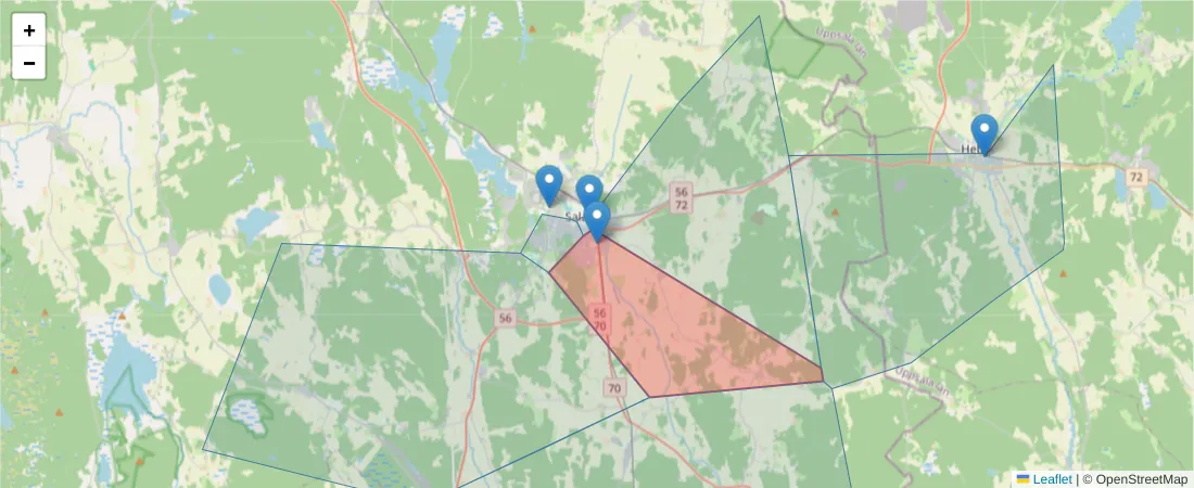 Karta över postnummerområdet  och angränsande postnummer i Sverige