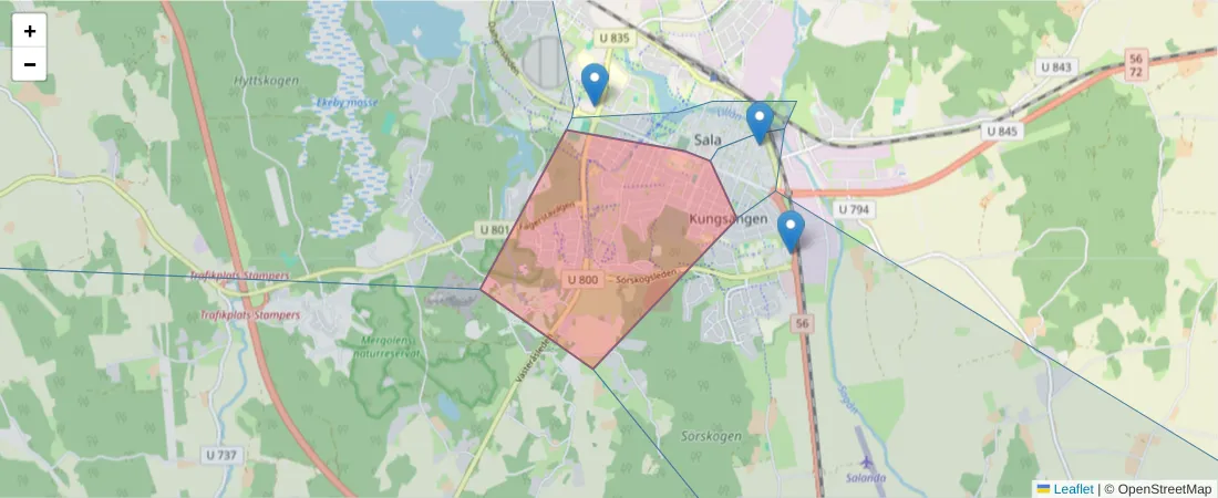 Karta över postnummerområdet  och angränsande postnummer i Sverige