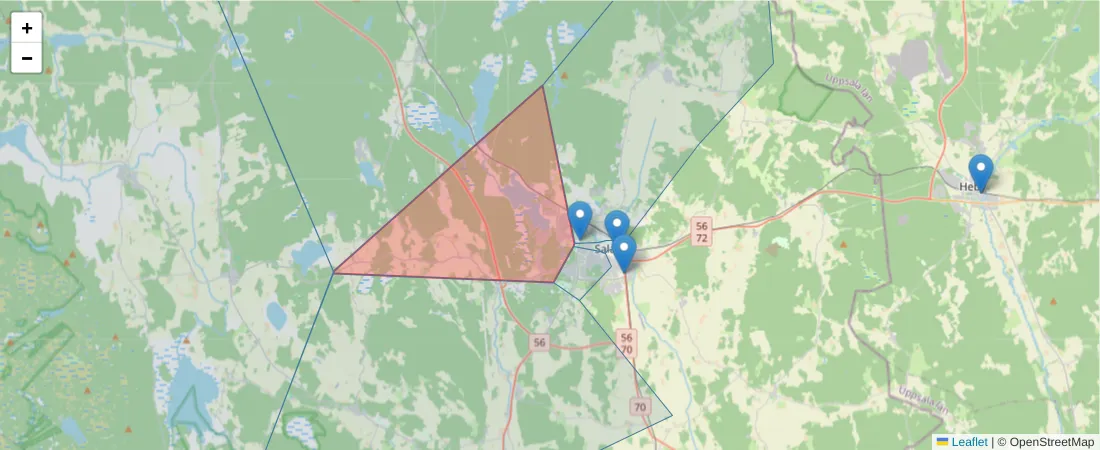 Karta över postnummerområdet  och angränsande postnummer i Sverige