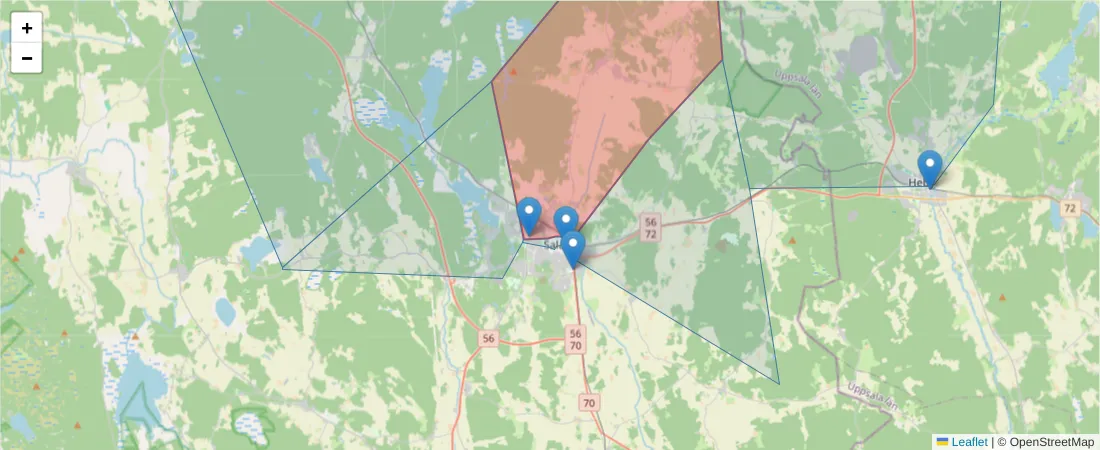 Karta över postnummerområdet  och angränsande postnummer i Sverige