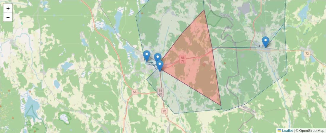 Karta över postnummerområdet  och angränsande postnummer i Sverige