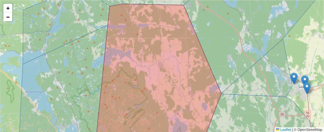 Karta över postnummerområdet  och angränsande postnummer i Sverige