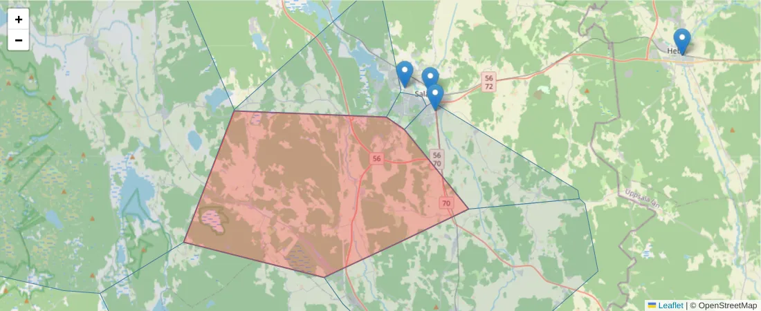Karta över postnummerområdet  och angränsande postnummer i Sverige