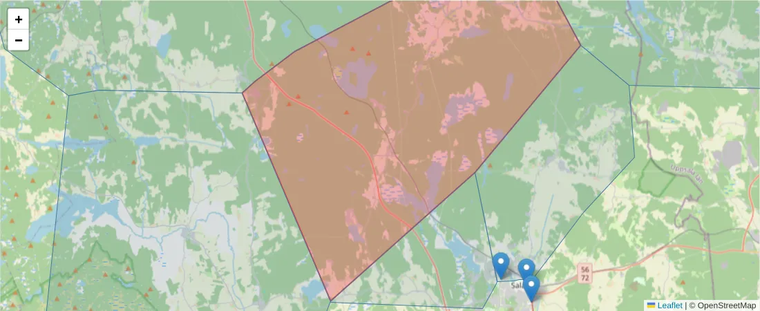 Karta över postnummerområdet  och angränsande postnummer i Sverige