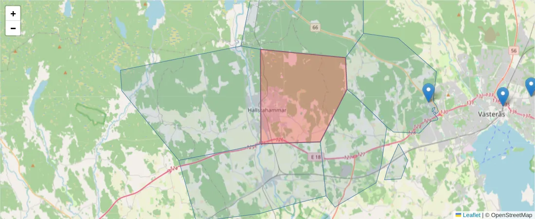 Karta över postnummerområdet  och angränsande postnummer i Sverige