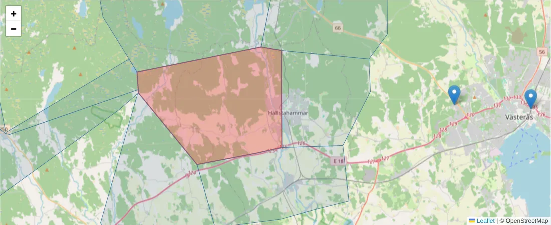 Karta över postnummerområdet  och angränsande postnummer i Sverige
