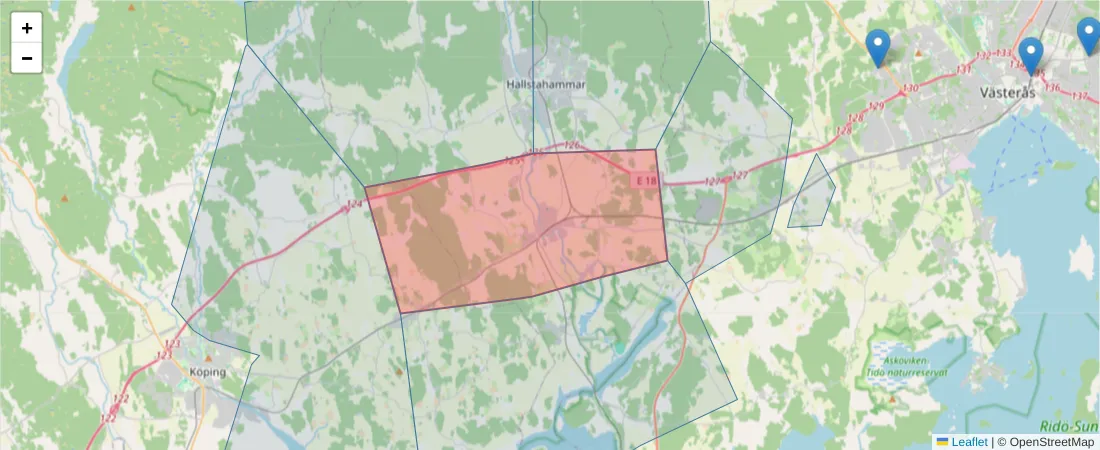 Karta över postnummerområdet  och angränsande postnummer i Sverige