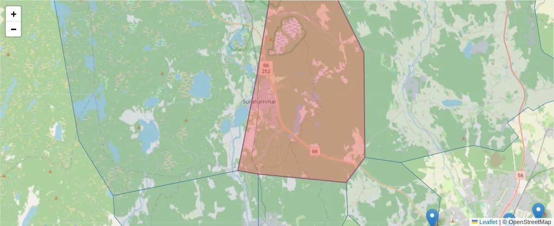 Karta över postnummerområdet  och angränsande postnummer i Sverige