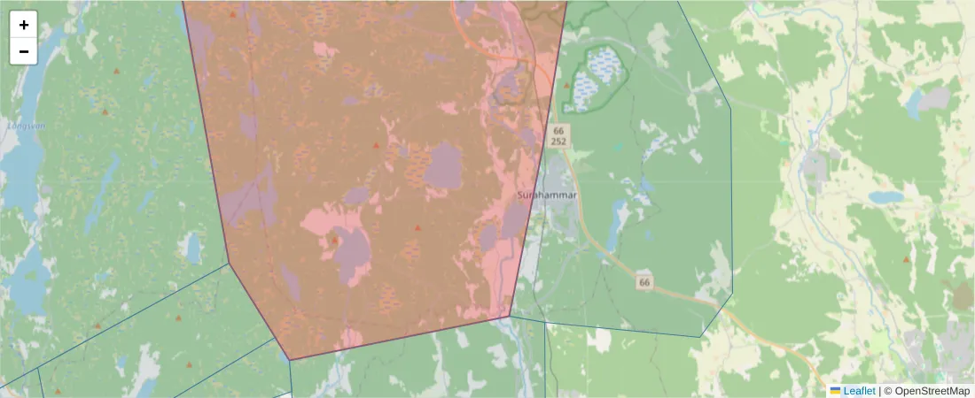 Karta över postnummerområdet  och angränsande postnummer i Sverige